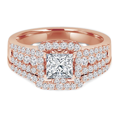 Princess Diamond Three-Row Square Halo Engagement Ring and Wedding Band Set Ring in Rose Gold (MVS0111-R)