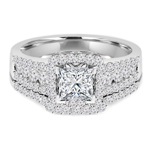 Princess Diamond Three-Row Square Halo Engagement Ring and Wedding Band Set Ring in White Gold (MVS0111-W)