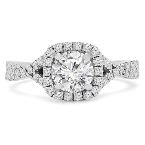 Round Diamond Twisted Split-Shank Cathedral Diamond Bridge Cushion Halo Engagement Ring in White Gold (MVS0161-W)