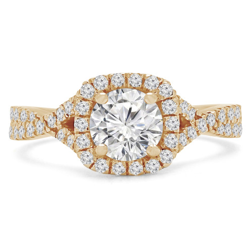 Round Diamond Twisted Split-Shank Cathedral Diamond Bridge Cushion Halo Engagement Ring in Yellow Gold (MVS0161-Y)