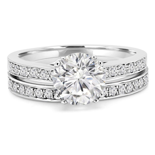 Round Diamond Cathedral Double-Prong Solitaire with Accents Engagement Ring and Wedding Band Set Ring in White Gold (MVS0166-W)