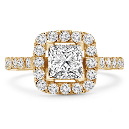 Princess Diamond Cathedral Open Bridge V-Prong Cushion Halo Engagement Ring in Yellow Gold (MVS0171-Y)
