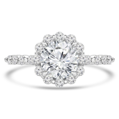 Round Diamond Floral Shared Prong Halo Engagement Ring in White Gold with Accents (MVS0256-W)