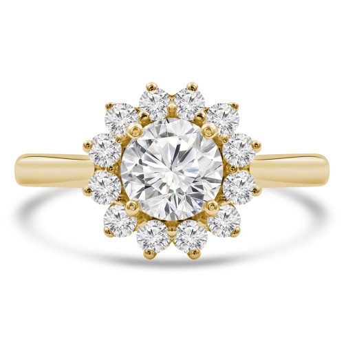 Round Diamond Tapered Floral Halo Engagement Ring in Yellow Gold (MVS0308-Y)