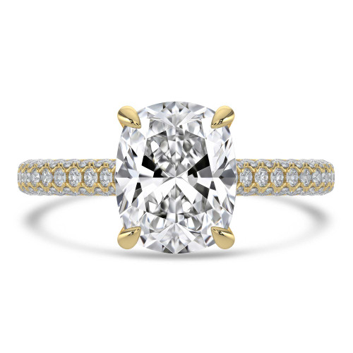 Cushion Lab Created Diamond Cathedral Double Hidden Halo Three-Row Pave Solitaire with Accents Engagement Ring in Yellow Gold (MVSLG1653-Y)