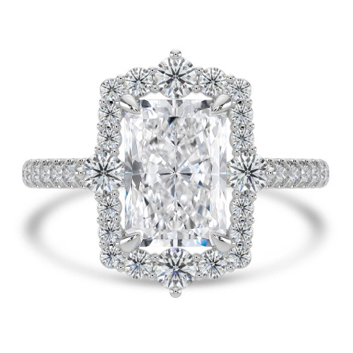 Radiant Lab Created Diamond Floral Halo Cathedral with Accented Bridge and Basket Halo Engagement Ring in White Gold (MVSLG1660-W)