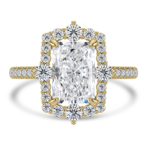 Radiant Lab Created Diamond Floral Halo Cathedral with Accented Bridge and Basket Halo Engagement Ring in Yellow Gold (MVSLG1660-Y)