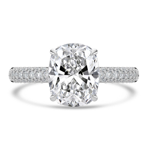 Cushion Lab Created Diamond Hidden Halo Three Row Pave Solitaire with Accents Engagement Ring in White Gold (MVSLG1691-W)