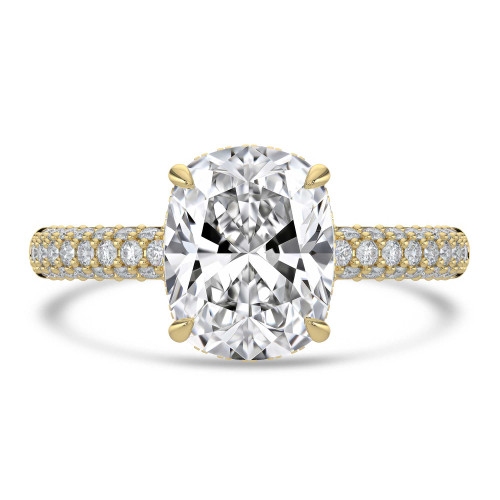 Cushion Lab Created Diamond Hidden Halo Three Row Pave Solitaire with Accents Engagement Ring in Yellow Gold (MVSLG1691-Y)