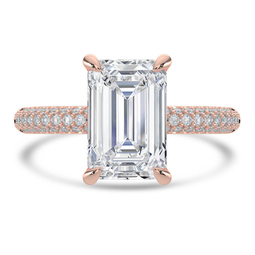 Emerald Lab Created Diamond Hidden Halo Three Row Pave Solitaire with Accents Engagement Ring in Rose Gold (MVSLG1692-R)