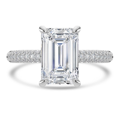 Emerald Lab Created Diamond Hidden Halo Three Row Pave Solitaire with Accents Engagement Ring in White Gold (MVSLG1692-W)