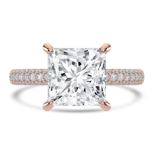 Princess Lab Created Diamond Hidden Halo Three Row Pave Solitaire with Accents Engagement Ring in Rose Gold (MVSLG1696-R)