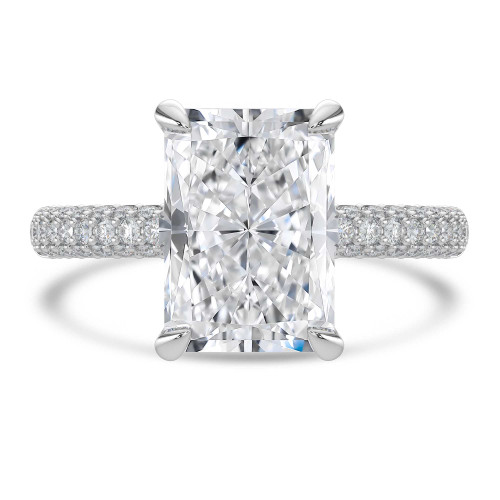 Radiant Lab Created Diamond Hidden Halo Three Row Pave Solitaire with Accents Engagement Ring in White Gold (MVSLG1697-W)