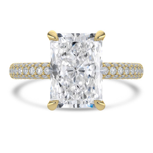 Radiant Lab Created Diamond Hidden Halo Three Row Pave Solitaire with Accents Engagement Ring in Yellow Gold (MVSLG1697-Y)