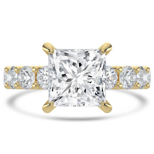 Princess Lab Created Diamond Shared U-Shape Prong Solitaire with Accents Engagement Ring in Yellow Gold (MVSLG1662-Y)