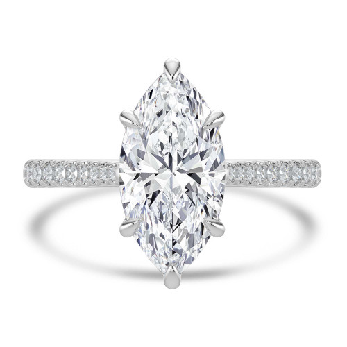 Marquise Lab Created Diamond Cathedral Tapered Pave Solitaire with Accents Engagement Ring in White Gold (MVSLG1619-W)