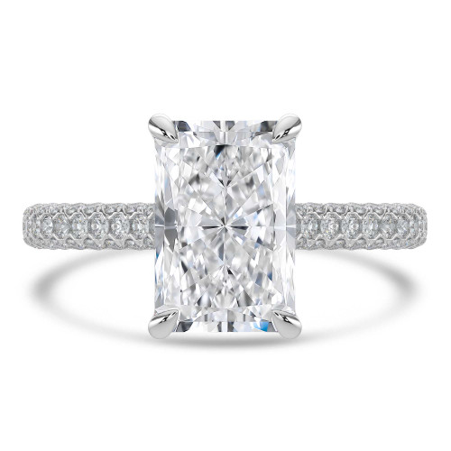Radiant Lab Created Diamond Cathedral Double Hidden Halo Three-Row Pave Solitaire with Accents Engagement Ring in White Gold (MVSLG1659-W)