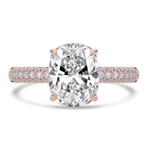 Cushion Lab Created Diamond Hidden Halo Three Row Pave Solitaire with Accents Engagement Ring in Rose Gold (MVSLG1691-R)