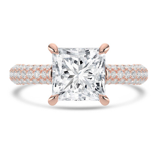 Princess Lab Created Diamond 4-Prong 3-Row Pave  Solitaire with Accents Engagement Ring in Rose Gold with Hidden Halo and Accents (MVSLG1563-R)