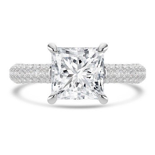 Princess Lab Created Diamond 4-Prong 3-Row Pave  Solitaire with Accents Engagement Ring in White Gold with Hidden Halo and Accents (MVSLG1563-W)