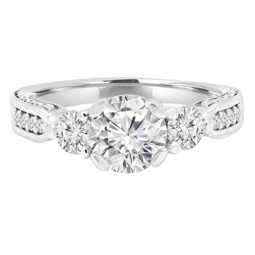 Round Lab Created Diamond Vintage Three-Stone Engagement Ring in White Gold with Accents (MVSX1016-W)