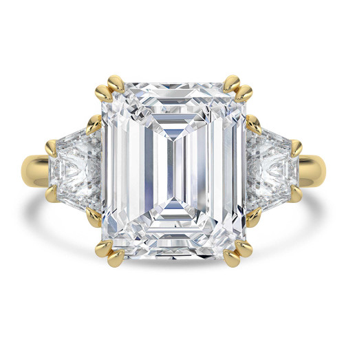 Emerald Lab Created Diamond with Trapezoid Sidestones Three-Stone Engagement Ring in Yellow Gold (MVSX1040-Y)