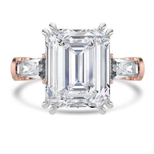 Emerald Lab Created Diamond with Baguette Sidestones Three-Stone Engagement Ring in Rose Gold & White Gold (MVSX1036-R)