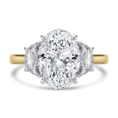 Oval Lab Created Diamond with Halfmoon Sidestones Three-Stone Engagement Ring in Yellow Gold & White Gold (MVSX1039-Y)