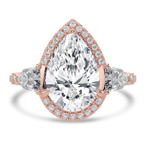 Pear Lab Created Diamond with Shield Sidestones Three-Stone Engagement Ring in Rose Gold with Three-row Pave Accents (MVSX1046-R)