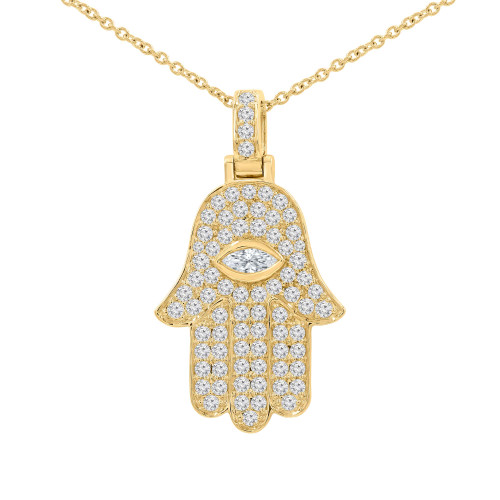 1 CTW Multi-Shaped Lab Created Diamond Marquise Eye Hamsa Symbolic Pendant Necklace in 14K Yellow Gold with Jump Loops (MDR260064)