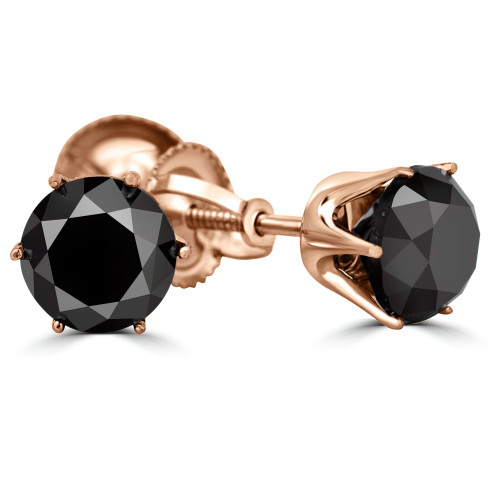 Solitaire Round Black Diamond 6-Prong Stud Earrings in 14K Rose Gold with Screwback (MVSE0005-R)