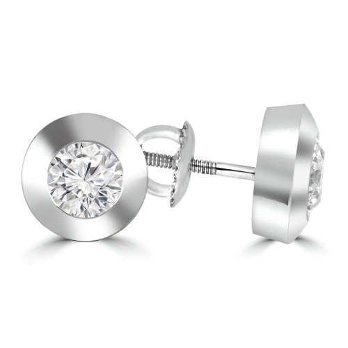 Round Diamond Bezel Set Stud Earrings in 14K White Gold with Screwback (MVSES0002-W)