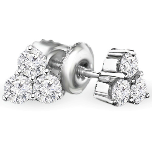 Round Diamond Three-Stone Stud Earrings in 14K White Gold with Screwback (MVSES0005-W)