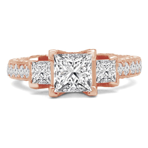 Princess Lab Created Diamond Vintage Three-Stone Engagement Ring in Rose Gold with Accents (MVSX1014-R)