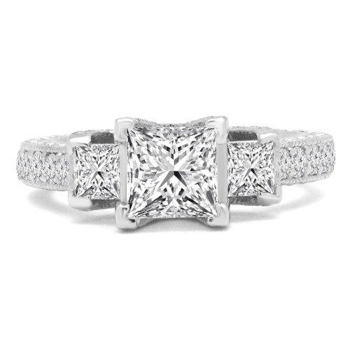 Princess Lab Created Diamond Vintage Three-Stone Engagement Ring in White Gold with Accents (MVSX1014-W)