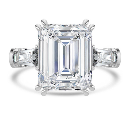 Emerald Lab Created Diamond with Baguette Sidestones Three-Stone Engagement Ring in White Gold (MVSX1036-W)