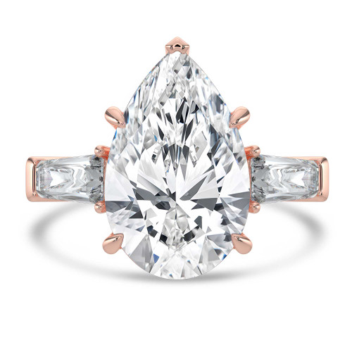 Pear Lab Created Diamond with Baguette Sidestones Three-Stone Engagement Ring in Rose Gold (MVSX1038-R)