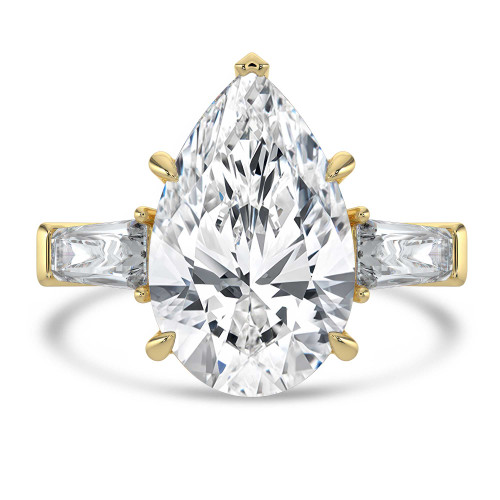 Pear Lab Created Diamond with Baguette Sidestones Three-Stone Engagement Ring in Yellow Gold (MVSX1038-Y)