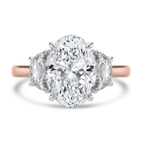 Oval Lab Created Diamond with Halfmoon Sidestones Three-Stone Engagement Ring in Rose Gold & White Gold (MVSX1039-R)