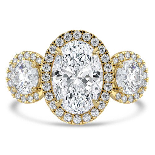 Oval Lab Created Diamond Triple Halo Three-Stone Engagement Ring in Yellow Gold (MVSX1044-Y)