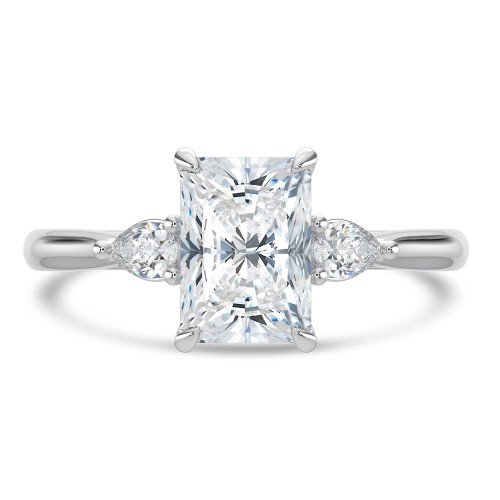 Radiant Lab Created Diamond Tapered Cathedral Open Bridge Three-Stone Engagement Ring in White Gold (MVSX1049-W)