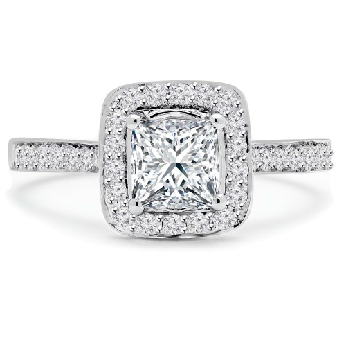 Princess Lab Created Diamond Cathedral Cushion Halo Engagement Ring in White Gold (MVSLG1066-W)
