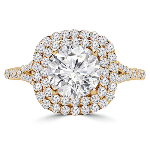 Round Lab Created Diamond Split Shank Cathedral Diamond Bridge Cushion Double Halo Engagement Ring in Yellow Gold (MVSLG1067-Y)