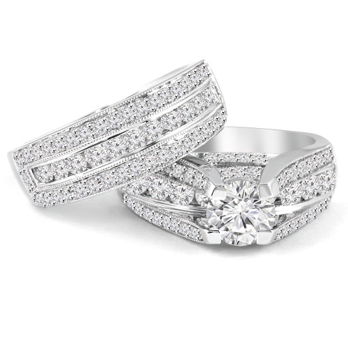 Round Lab Created Diamond Vintage Split-Shank Three-Row Cathedral Diamond Bridge Solitaire with Accents Engagement Ring and Wedding Band Set Ring in White Gold (MVSLG1081-W)