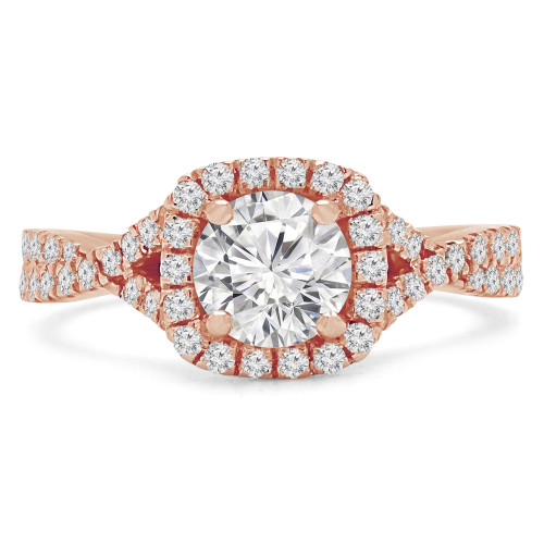 Round Lab Created Diamond Twisted Split-Shank Cathedral Diamond Bridge Cushion Halo Engagement Ring in Rose Gold (MVSLG1161-R)
