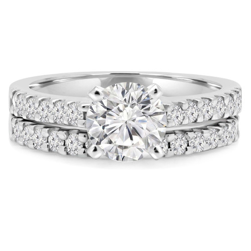 Round Lab Created Diamond Cathedral Solitaire with Accents Engagement Ring and Wedding Band Set Ring in White Gold (MVSLG1168-W)