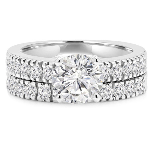 Round Lab Created Diamond Solitaire with Accents Engagement Ring and Wedding Band Set Ring in White Gold (MVSLG1170-W)