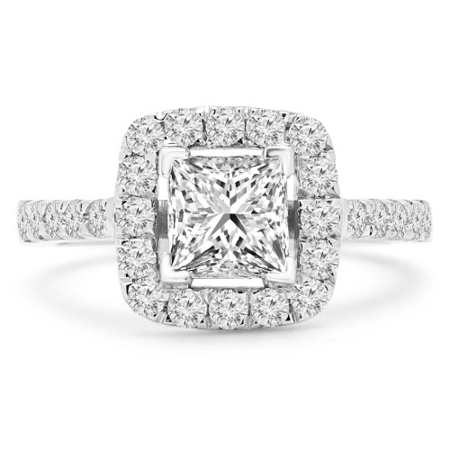 Princess Lab Created Diamond Cathedral Open Bridge V-Prong Cushion Halo Engagement Ring in White Gold (MVSLG1171-W)