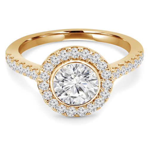 Round Lab Created Diamond Cathedral Open Bridge Bezel Set Round Halo Engagement Ring in Yellow Gold (MVSLG1184-Y)