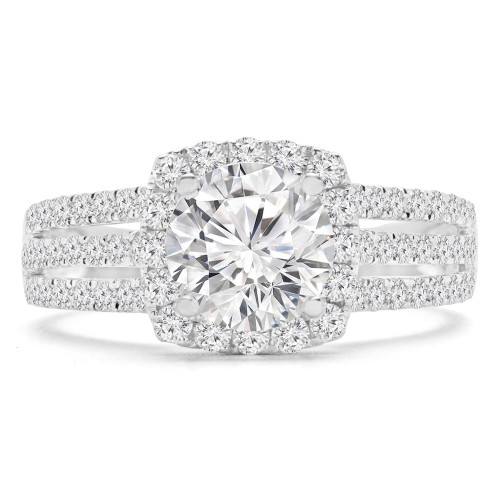 Round Lab Created Diamond Three-Row Split-Shank Cathedral Cushion Halo Engagement Ring in White Gold (MVSLG1203-W)